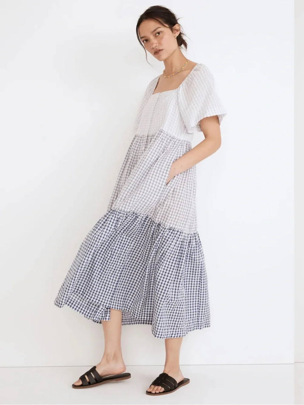 Madewell Patchwork Gingham Midi Dress - Picture 2 of 9